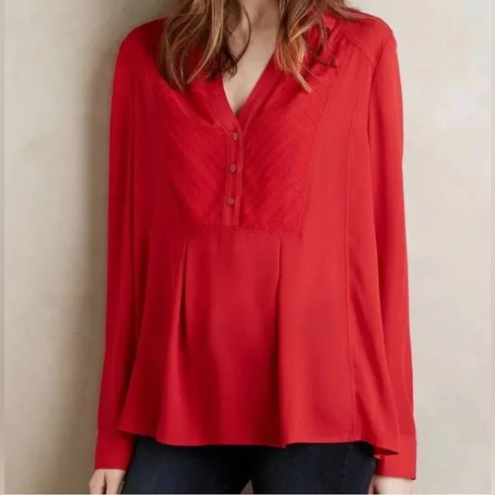 Anthropologie Maeve Red Babydoll Blouse Top Classic Long Sleeve Women’s Sz 4